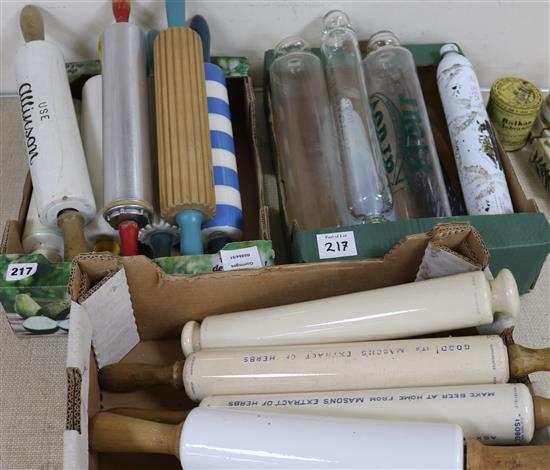 A collection of rolling pins, some with adverts including Allinson, Coombs Lily Brand, approx 18